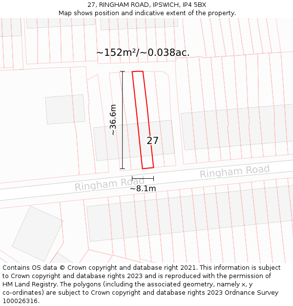 27, RINGHAM ROAD, IPSWICH, IP4 5BX: Plot and title map
