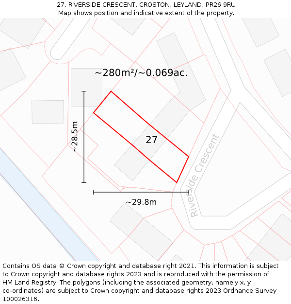 27, RIVERSIDE CRESCENT, CROSTON, LEYLAND, PR26 9RU: Plot and title map