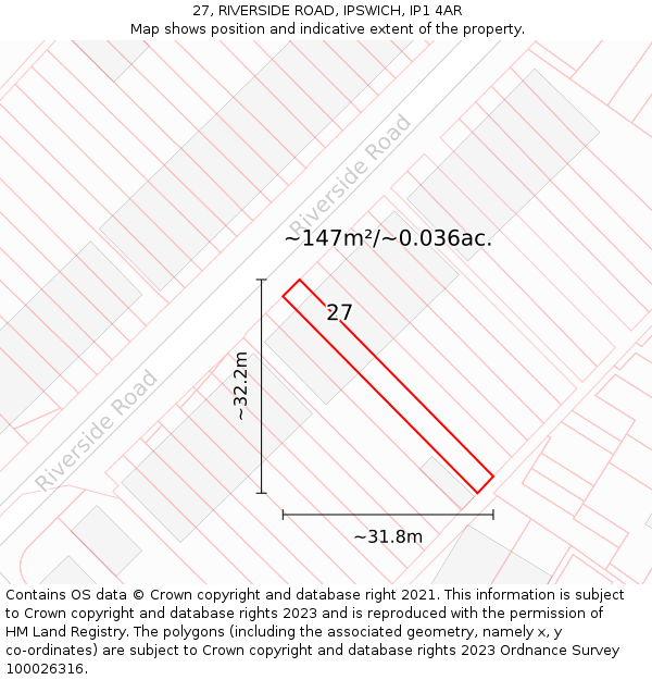 27, RIVERSIDE ROAD, IPSWICH, IP1 4AR: Plot and title map