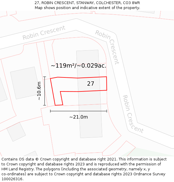27, ROBIN CRESCENT, STANWAY, COLCHESTER, CO3 8WR: Plot and title map