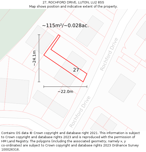 27, ROCHFORD DRIVE, LUTON, LU2 8SS: Plot and title map