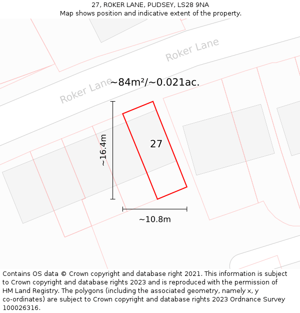27, ROKER LANE, PUDSEY, LS28 9NA: Plot and title map