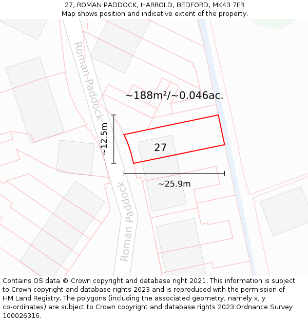 27, ROMAN PADDOCK, HARROLD, BEDFORD, MK43 7FR: Plot and title map