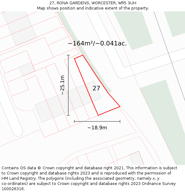 27, RONA GARDENS, WORCESTER, WR5 3UH: Plot and title map