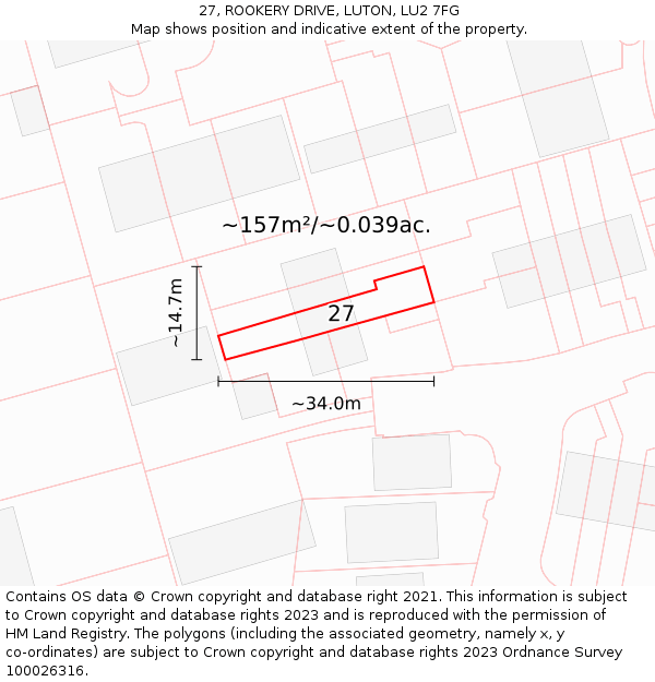 27, ROOKERY DRIVE, LUTON, LU2 7FG: Plot and title map