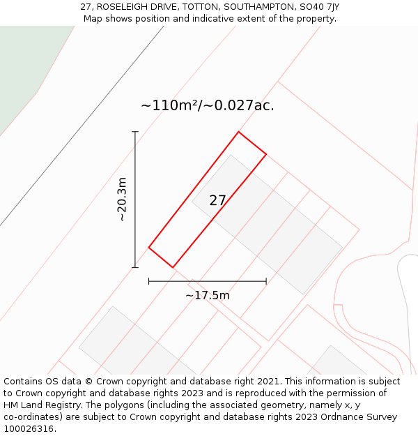 27, ROSELEIGH DRIVE, TOTTON, SOUTHAMPTON, SO40 7JY: Plot and title map
