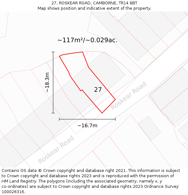 27, ROSKEAR ROAD, CAMBORNE, TR14 8BT: Plot and title map
