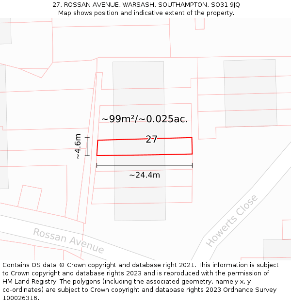 27, ROSSAN AVENUE, WARSASH, SOUTHAMPTON, SO31 9JQ: Plot and title map