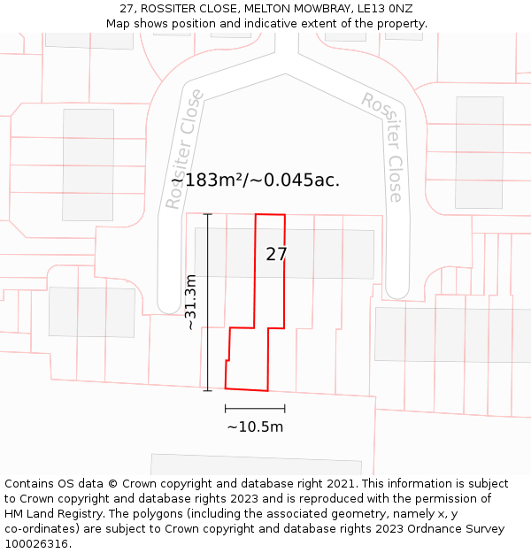27, ROSSITER CLOSE, MELTON MOWBRAY, LE13 0NZ: Plot and title map