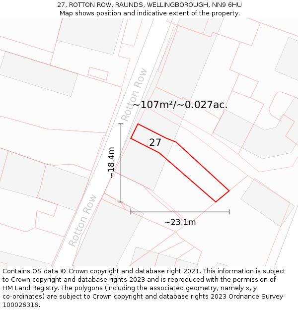 27, ROTTON ROW, RAUNDS, WELLINGBOROUGH, NN9 6HU: Plot and title map