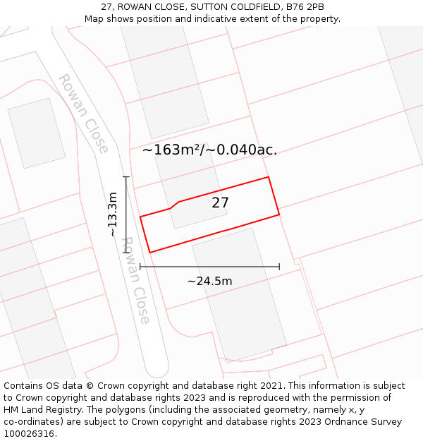 27, ROWAN CLOSE, SUTTON COLDFIELD, B76 2PB: Plot and title map