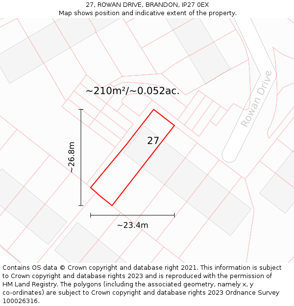 27, ROWAN DRIVE, BRANDON, IP27 0EX: Plot and title map