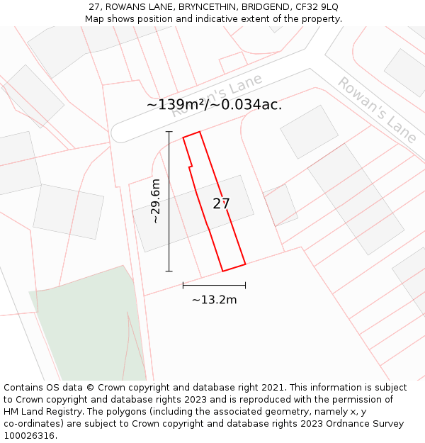 27, ROWANS LANE, BRYNCETHIN, BRIDGEND, CF32 9LQ: Plot and title map