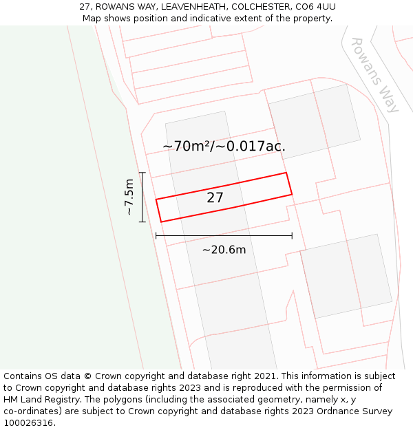 27, ROWANS WAY, LEAVENHEATH, COLCHESTER, CO6 4UU: Plot and title map