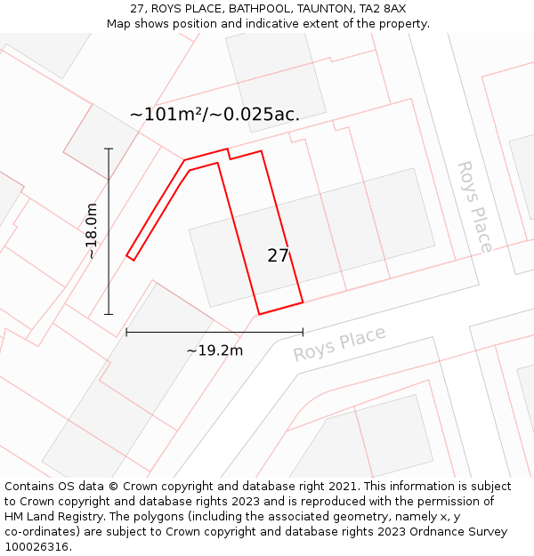 27, ROYS PLACE, BATHPOOL, TAUNTON, TA2 8AX: Plot and title map