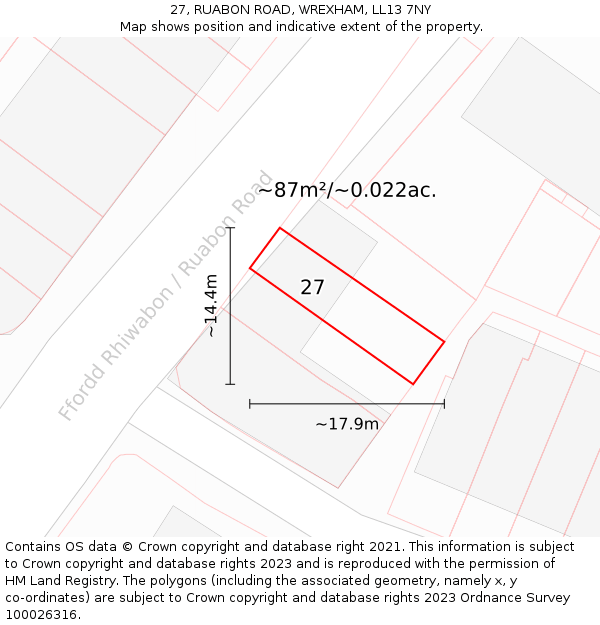 27, RUABON ROAD, WREXHAM, LL13 7NY: Plot and title map