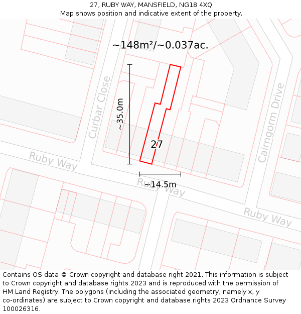 27, RUBY WAY, MANSFIELD, NG18 4XQ: Plot and title map
