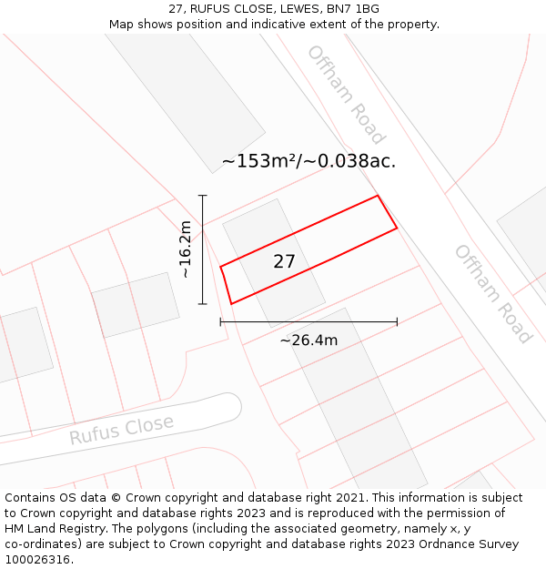27, RUFUS CLOSE, LEWES, BN7 1BG: Plot and title map