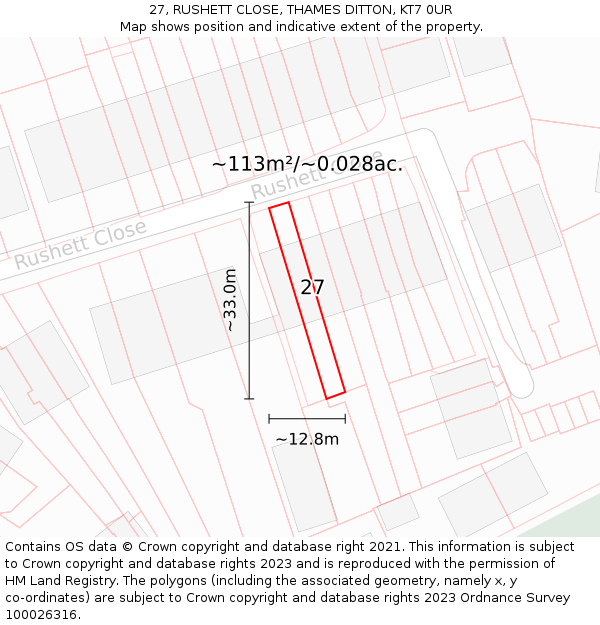 27, RUSHETT CLOSE, THAMES DITTON, KT7 0UR: Plot and title map
