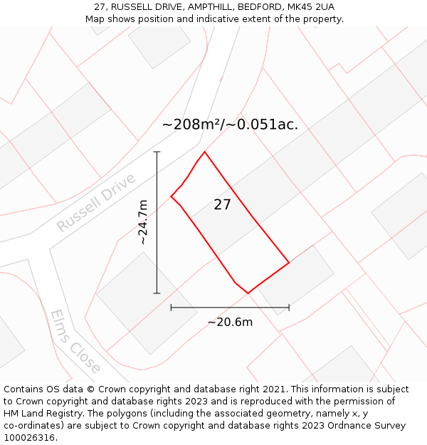 27, RUSSELL DRIVE, AMPTHILL, BEDFORD, MK45 2UA: Plot and title map