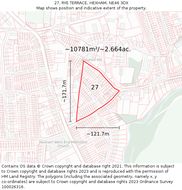 27, RYE TERRACE, HEXHAM, NE46 3DX: Plot and title map