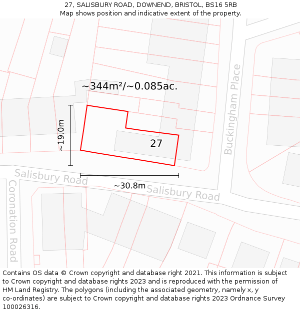 27, SALISBURY ROAD, DOWNEND, BRISTOL, BS16 5RB: Plot and title map