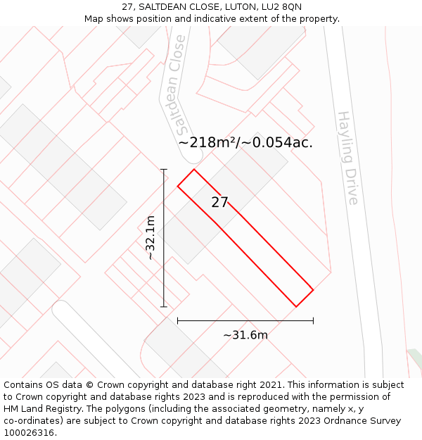 27, SALTDEAN CLOSE, LUTON, LU2 8QN: Plot and title map