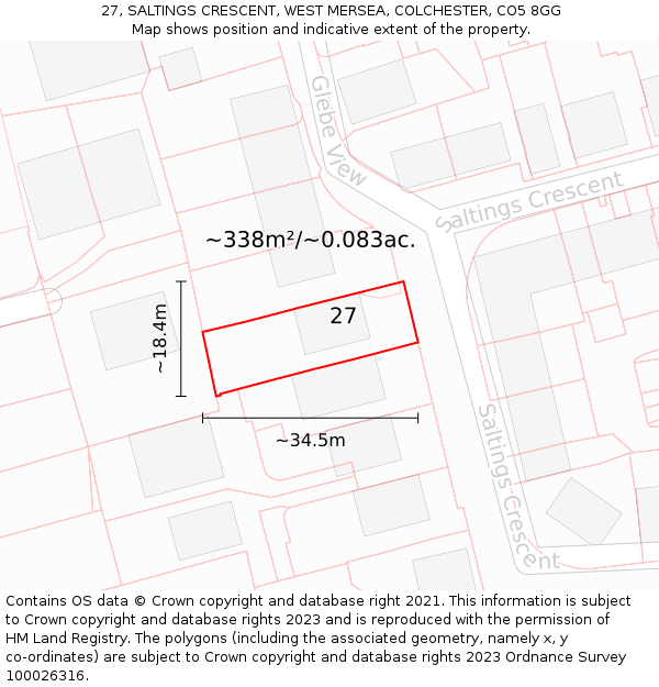 27, SALTINGS CRESCENT, WEST MERSEA, COLCHESTER, CO5 8GG: Plot and title map