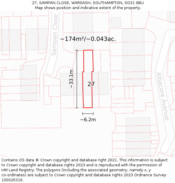 27, SAMPAN CLOSE, WARSASH, SOUTHAMPTON, SO31 9BU: Plot and title map