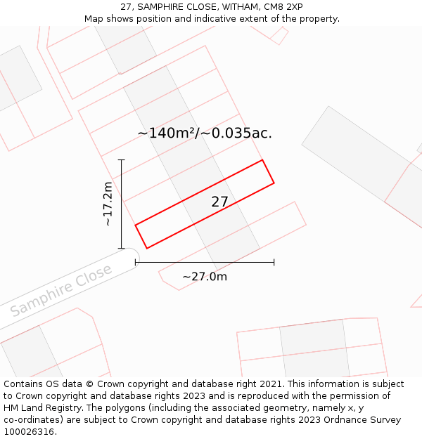 27, SAMPHIRE CLOSE, WITHAM, CM8 2XP: Plot and title map