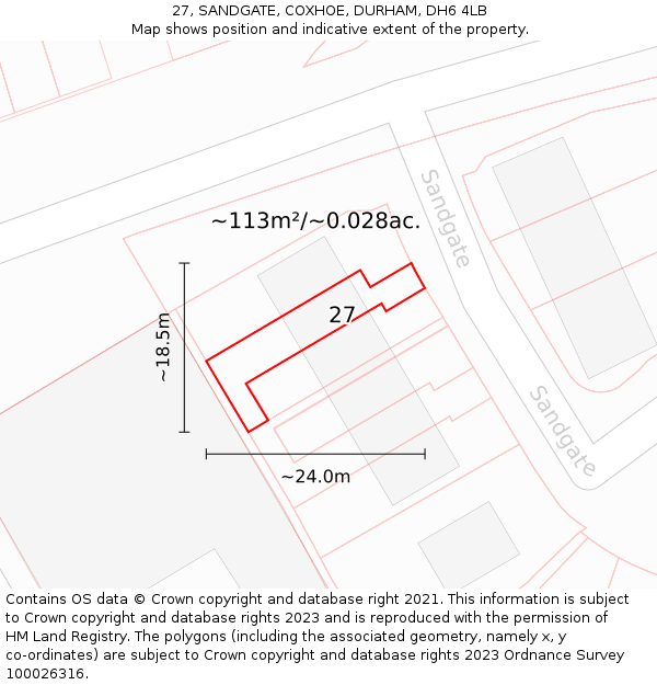 27, SANDGATE, COXHOE, DURHAM, DH6 4LB: Plot and title map