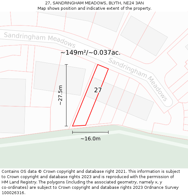 27, SANDRINGHAM MEADOWS, BLYTH, NE24 3AN: Plot and title map