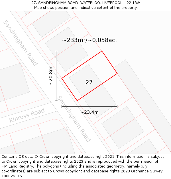 27, SANDRINGHAM ROAD, WATERLOO, LIVERPOOL, L22 1RW: Plot and title map
