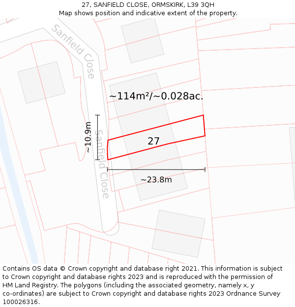 27, SANFIELD CLOSE, ORMSKIRK, L39 3QH: Plot and title map