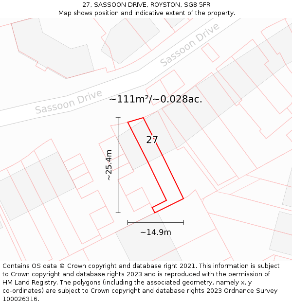 27, SASSOON DRIVE, ROYSTON, SG8 5FR: Plot and title map