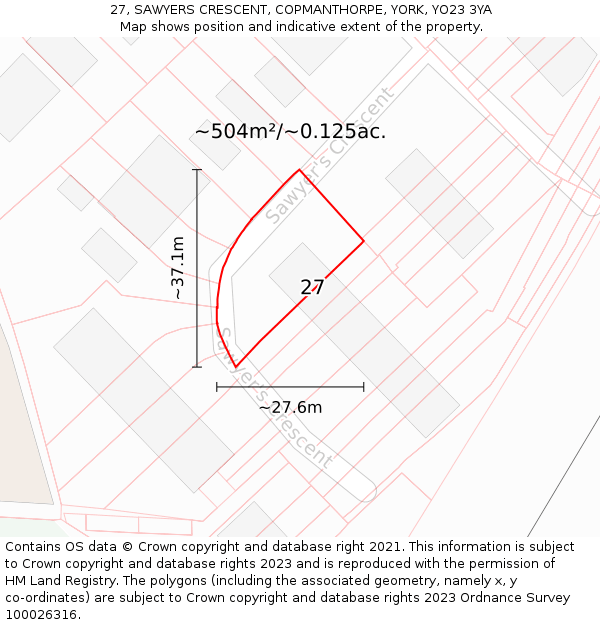 27, SAWYERS CRESCENT, COPMANTHORPE, YORK, YO23 3YA: Plot and title map