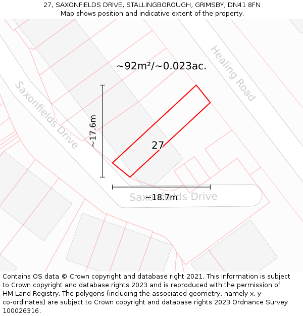 27, SAXONFIELDS DRIVE, STALLINGBOROUGH, GRIMSBY, DN41 8FN: Plot and title map