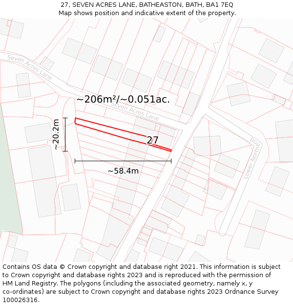 27, SEVEN ACRES LANE, BATHEASTON, BATH, BA1 7EQ: Plot and title map