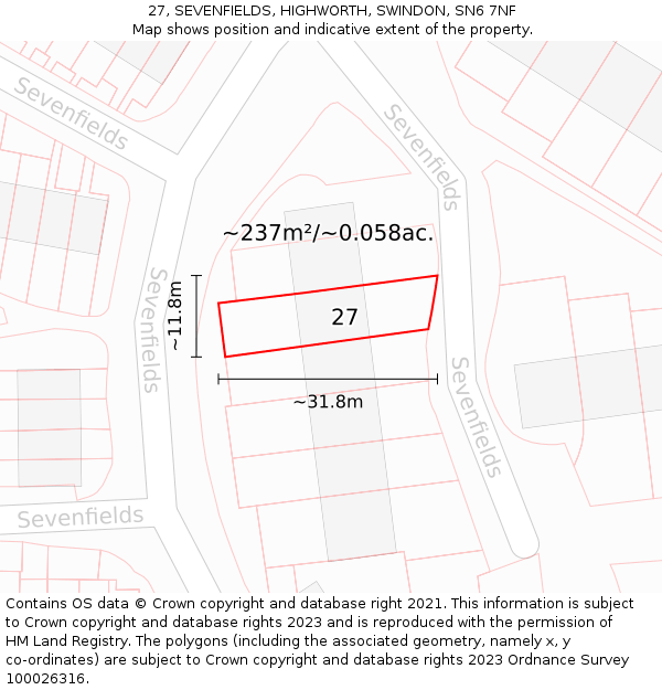 27, SEVENFIELDS, HIGHWORTH, SWINDON, SN6 7NF: Plot and title map
