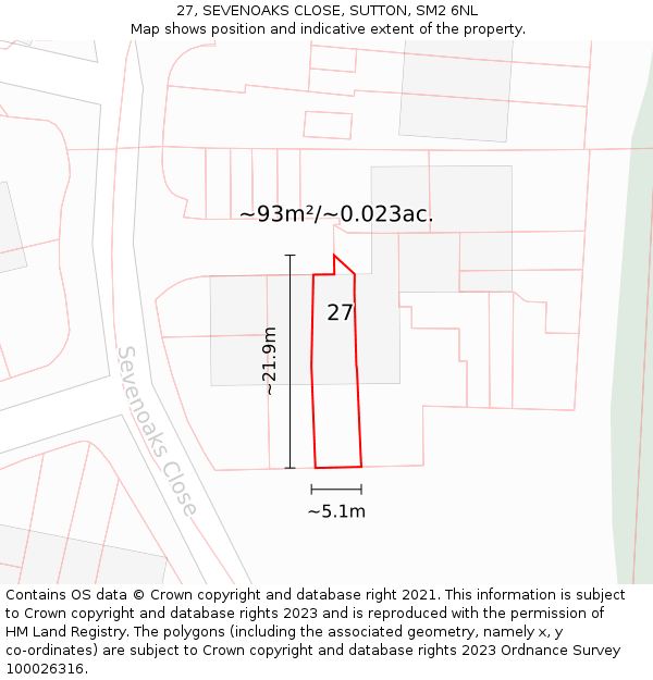 27, SEVENOAKS CLOSE, SUTTON, SM2 6NL: Plot and title map
