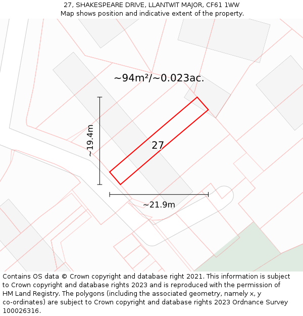 27, SHAKESPEARE DRIVE, LLANTWIT MAJOR, CF61 1WW: Plot and title map