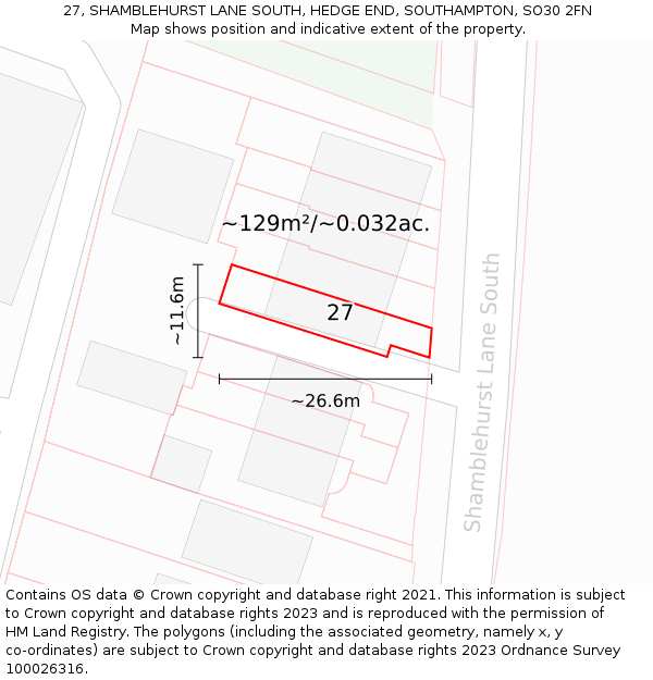 27, SHAMBLEHURST LANE SOUTH, HEDGE END, SOUTHAMPTON, SO30 2FN: Plot and title map