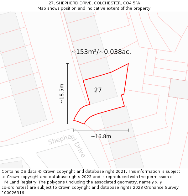 27, SHEPHERD DRIVE, COLCHESTER, CO4 5FA: Plot and title map