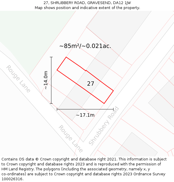 27, SHRUBBERY ROAD, GRAVESEND, DA12 1JW: Plot and title map