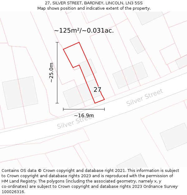 27, SILVER STREET, BARDNEY, LINCOLN, LN3 5SS: Plot and title map