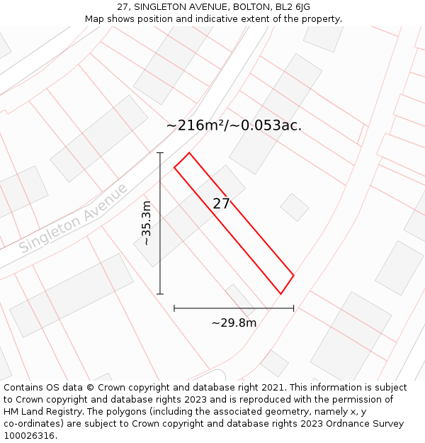 27, SINGLETON AVENUE, BOLTON, BL2 6JG: Plot and title map