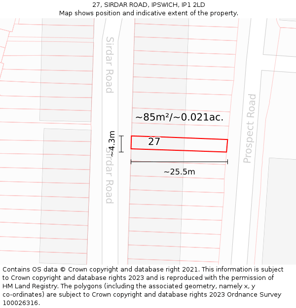 27, SIRDAR ROAD, IPSWICH, IP1 2LD: Plot and title map