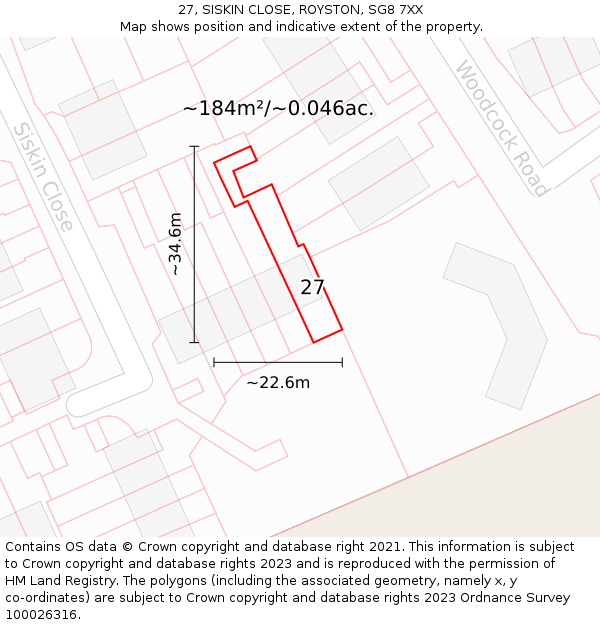 27, SISKIN CLOSE, ROYSTON, SG8 7XX: Plot and title map