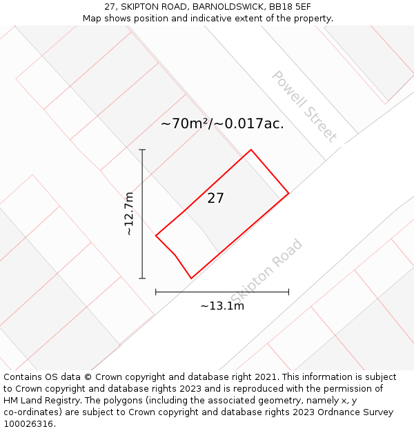 27, SKIPTON ROAD, BARNOLDSWICK, BB18 5EF: Plot and title map