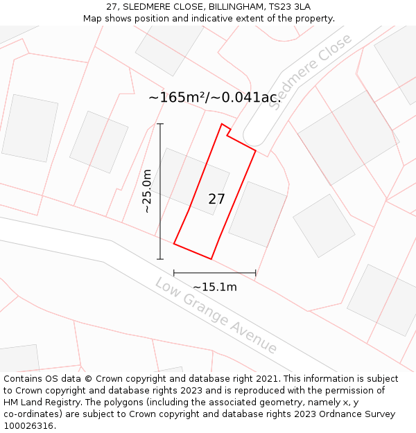 27, SLEDMERE CLOSE, BILLINGHAM, TS23 3LA: Plot and title map